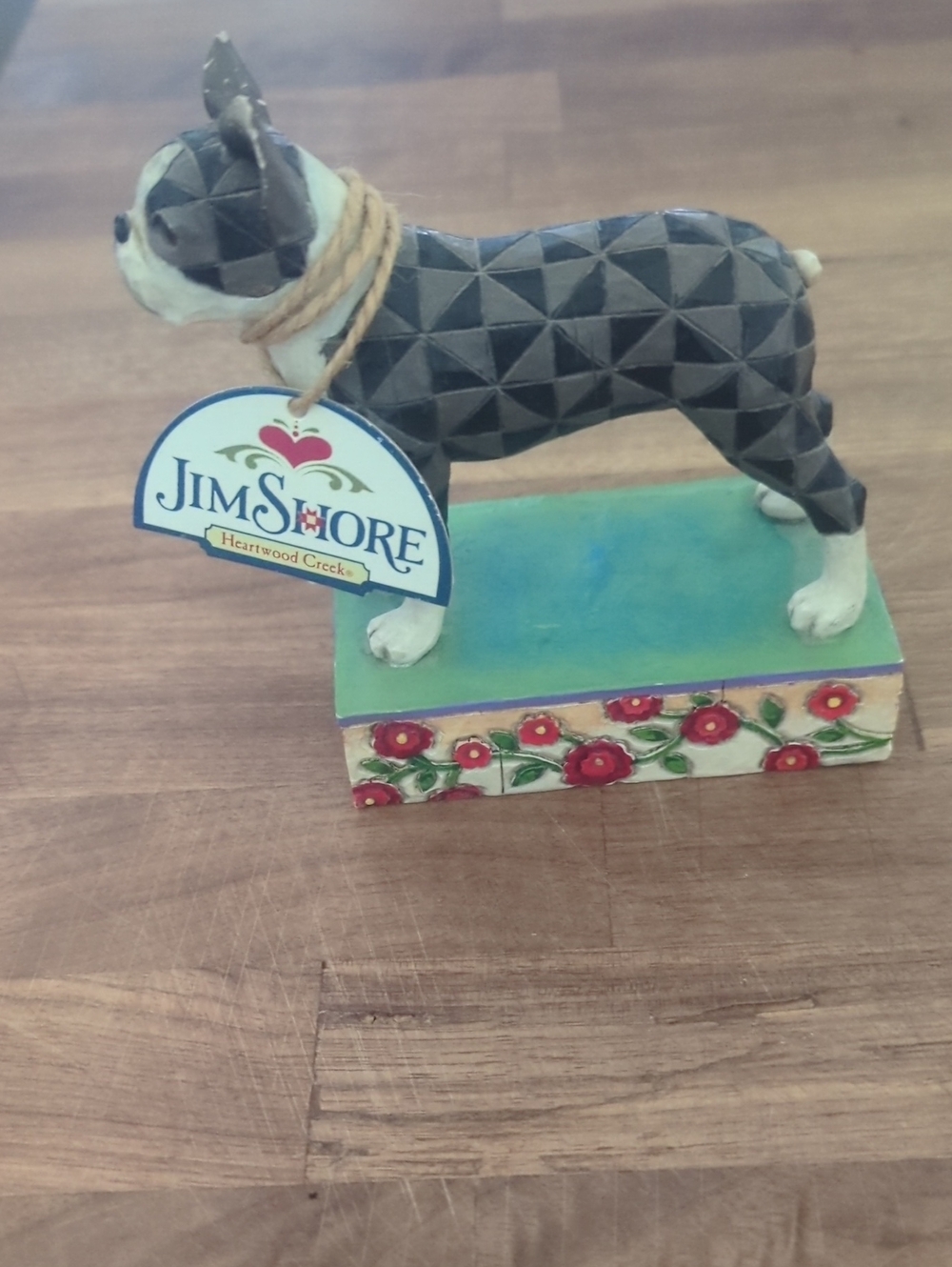 Jim Shore Black, White & Red Boston Terrier Figurine with Floral Base
